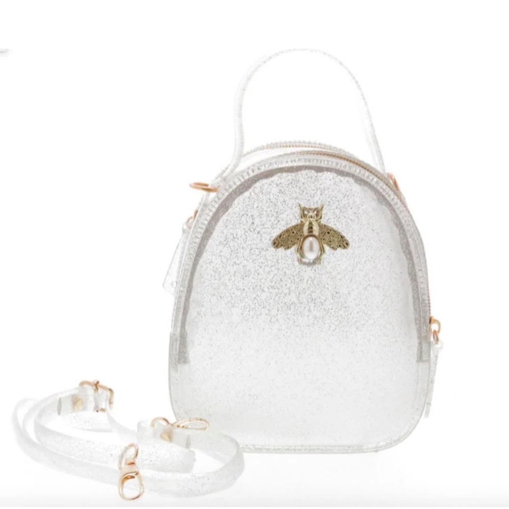Doe A Dear Bee Mini Jelly Purse Clear Silver Glitter Kids Girls Shoulder Bag